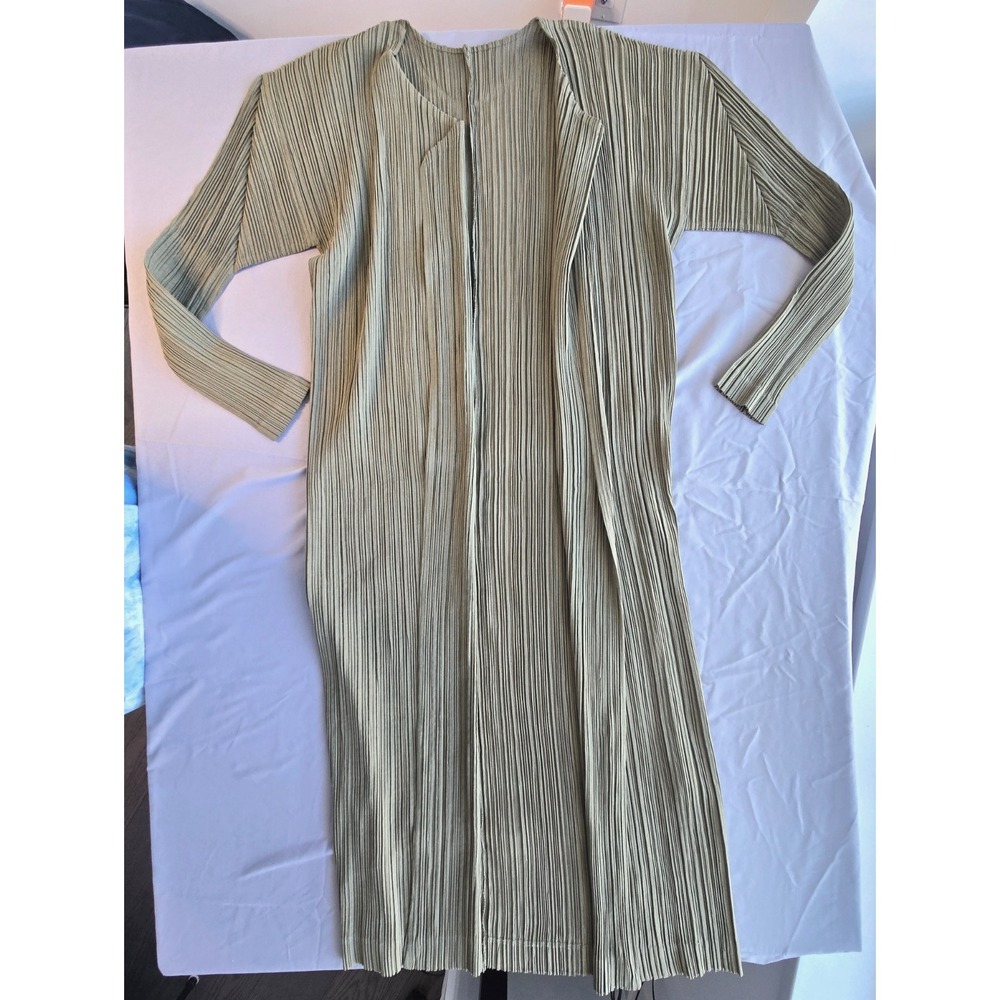 Green Maxi Dress Pleated Fabric Line Texture Stripe Wrap Dress Duster Y2K 90s